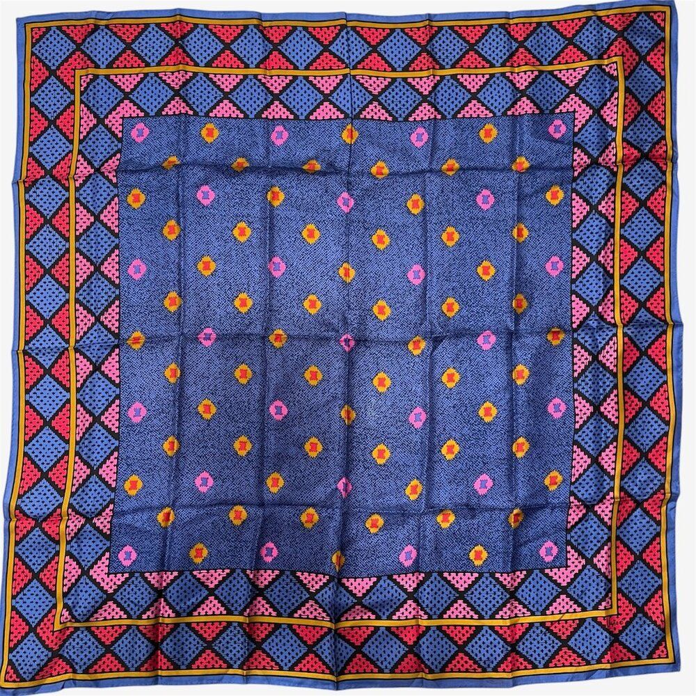 VERA NEUMANN Vintage Silk Scarf Hand Rolled red blue gold geo print Japan 30 x30